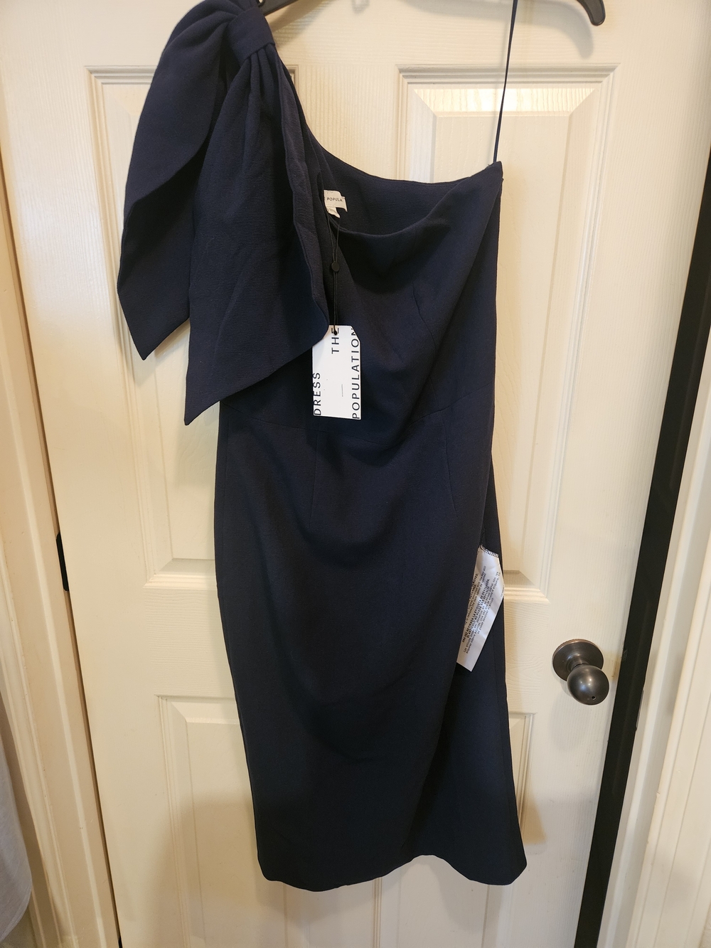 Dress the Population Navy One-Shoulder Bow Midi Dress